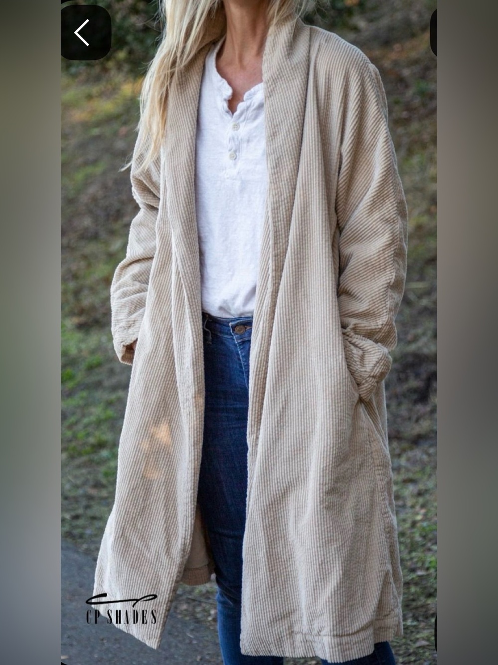 CP Shades Cotton Corduroy Duster Coat Long Line Open Front Jacket Beige Size M